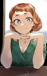  absurdres boku_no_hero_academia breasts brown_eyes brown_hair cleavage closed_mouth dress elbows_on_table female fengling_(furin-jp) green_dress highres interlocked_fingers looking_at_viewer official_alternate_costume official_alternate_hairstyle own_hands_together pov_across_table short_hair smile solo upper_body uraraka_ochako 