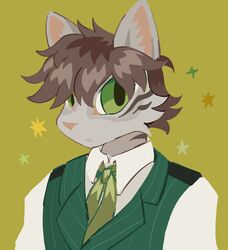  2023 anthro birdpaw_(artist) brown_body brown_fur brown_hair brown_markings bust_portrait cheek_markings cheek_tuft clothed clothing digital_media_(artwork) domestic_cat facial_markings facial_tuft felid feline felis fur green_background green_clothing green_eyes green_necktie green_topwear grey_body grey_ears grey_fur hair head_markings hi_res male mammal markings necktie pink_inner_ear pink_nose portrait simple_background solo topwear tuft white_clothing white_topwear 