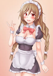  alternate_costume anti_(untea9) apron black_dress blush braid breasts brown_background cleavage cloud_hair_ornament dress embarrassed enmaided female frilled_apron frilled_dress frills gradient_background highres kantai_collection light_brown_hair long_hair maid maid_headdress minegumo_(kancolle) puffy_short_sleeves puffy_sleeves red_eyes short_sleeves solo twin_braids waist_apron white_apron 