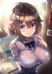  absurdres blue_bow blue_eyes blush bow bowtie bra breasts brown_hair cleavage commentary_request dog_hair_ornament dot_nose female hair_between_eyes hair_flaps hair_ornament hairclip highres kurono_suzuran large_breasts looking_at_viewer moe2022 original parted_lips school_uniform see-through shirt short_hair solo striped striped_bow taking_shelter underwear upper_body upturned_eyes wet wet_clothes wet_shirt white_bra white_shirt 