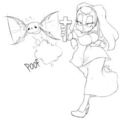 1:1 anthro argento bat big_breasts breasts clothed clothing costume cross duo female feral halloween hi_res holidays lagomorph leporid mammal mature_anthro mature_female monochrome nun onomatopoeia poof_effect rabbit sega simple_background sonic_the_hedgehog_(series) sound_effects text vanilla_the_rabbit