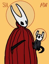  ambiguous_gender anonymous_artist anthro arthropod black_body black_eyes carrying_another carrying_partner christianity cloak clothing duo eye_contact featureless_(disambiguation) female halo hollow_knight horn hornet_(hollow_knight) humanoid iconography larger_female looking_at_another male orthodox_christianity parody portrait religion simple_background sitting_on_arm size_difference smaller_ambiguous team_cherry text the_knight_(hollow_knight) unknown_artist vessel_(species) white_body yellow_background 