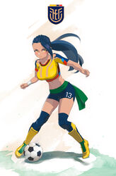  2022_fifa_world_cup ball blush breasts closed_mouth commentary crop_top ecuador english_commentary female full_body highres large_breasts light_particles long_hair looking_at_viewer midriff navel painting_(medium) playing_sports ponytail soccer soccer_ball soccer_uniform solo sportswear standing telstar traditional_media watercolor_(medium) world_cup wristband yellow_eyes yugen99 