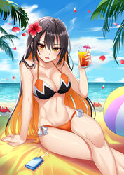  absurdres ball beach bikini black_hair borrowed_character bottle breasts cleavage cloud cocktail_umbrella commission crab crossed_legs cryptocurrency cup day drink drinking_glass drinking_straw feet_out_of_frame female flower freerun79 hair_between_eyes hair_flower hair_ornament halterneck highres holding holding_cup horizon large_breasts long_hair looking_at_viewer lotion monero monero-chan multicolored_hair navel ocean open_mouth orange_bikini orange_eyes orange_hair outdoors painttool_sai_(medium) plant red_flower sand second-party_source side-tie_bikini_bottom sitting sky smile solo string_bikini sunscreen swimsuit two-tone_hair very_long_hair 