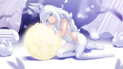  2r-_(pixiv8168114) absurdres animal_ear_fluff animal_ears azur_lane blue_eyes braid female full_body full_moon highleg highleg_leotard highres kneeling le_malin_(azur_lane) le_malin_(listless_lapin)_(azur_lane) leaning_to_the_side legs leotard long_hair looking_at_viewer moon no_shoes official_alternate_costume pantyhose playboy_bunny rabbit rabbit_ears thigh_strap thighs twin_braids twintails very_long_hair white_hair white_leotard white_pantyhose white_theme wrist_cuffs 