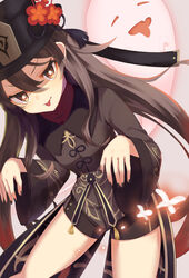  absurdres bao_(s_888) black_coat black_hat black_shorts blush boo_tao_(genshin_impact) breasts brown_hair coat coattails commentary female flower genshin_impact ghost ghost_pose hat hat_flower highres hu_tao_(genshin_impact) long_hair long_sleeves looking_at_viewer plum_blossoms red_eyes shorts small_breasts smile solo symbol-shaped_pupils thighs tongue tongue_out twintails very_long_hair 