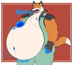  5_fingers absurd_res anthro belly big_belly big_muscles bloated blue_slime bodysuit burping canid canine chest_tuft clothed clothing countershade_torso countershading epic_games fangs fennix_(fortnite) fingers fortnite fox fur gloves handwear hi_res hidi inflation male mammal motion_lines musclegut muscular muscular_anthro muscular_male onomatopoeia open_clothing open_mouth open_topwear orange_background orange_body orange_fur orange_sclera overweight overweight_anthro overweight_male pecs pink_tongue red_fox shoulder_pads simple_background skinsuit slime_in_navel sloshing_belly solo sound_effects spiked_shoulder_pads spikes teeth text tight_clothing tongue topwear true_fox tuft yellow_eyes 