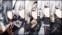  5girls ace_(playing_card) ace_of_spades ak-12_(girls&#039;_frontline) ak-15_(girls&#039;_frontline) an-94_(girls&#039;_frontline) angelia_(girls&#039;_frontline) aqua_eyes black_gloves black_hair black_hairband blonde_hair braid card chest_strap closed_eyes closed_mouth commentary criss-cross_suspenders defy_(girls&#039;_frontline) french_braid girls&#039;_frontline gloves grey_eyes grey_hair hair_ornament hairband hairclip hairpin half-closed_eyes head_tilt highres holding holding_card jacket joker_(playing_card) long_hair long_sleeves looking_at_viewer medium_hair multiple_girls nakiusagi open_mouth playing_card purple_eyes queen_(playing_card) queen_of_clubs queen_of_hearts_(playing_card) queen_of_spades rpk-16_(girls&#039;_frontline) scar scar_on_chest sidelocks smile spade_(shape) tactical_clothes unhappy upper_body white_background 