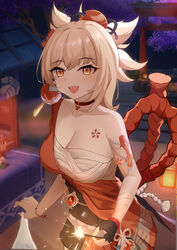  :d absurdres arm_tattoo bandages bingzhi_juzi black_gloves black_sash blonde_hair breasts chest_sarashi chest_tattoo choker commentary_request female fingerless_gloves genshin_impact gloves highres japanese_clothes kimono looking_at_viewer obi open_mouth orange_kimono ponytail red_choker sarashi sash short_hair single_bare_shoulder single_glove smile solo tattoo upper_body yellow_eyes yoimiya_(genshin_impact) 