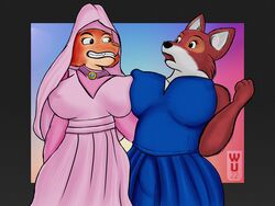  4:3 4_fingers alternate_costume anthro big_breasts blue_clothing blue_dress breast_squish breasts brown_body brown_fur canid canine clothing clothing_swap diane_foxington disney dreamworks dress duo eye_contact eyebrow_piercing facial_piercing female female/female fingers fox fur halftone halftone_background hi_res jewelry looking_at_another maid_marian mammal necklace nipple_outline orange_body orange_fur pattern_background piercing pink_clothing pink_dress red_fox robin_hood_(disney) simple_background smile squish surprised_expression the_bad_guys true_fox veil wu_capy 