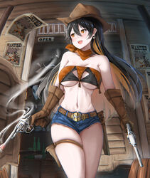  absurdres belt belt_buckle black_hair blue_shorts borrowed_character bottle breasts brown_gloves brown_hat buckle building cleavage_cutout clothing_cutout commission cowboy_hat cowboy_shot cowboy_western cryptocurrency denim denim_shorts door dual_wielding earrings english_text female gie_(gienara) gloves gun hair_between_eyes hat heart highres holding holding_weapon holster jewelry large_breasts leather leather_gloves long_hair monero monero-chan multicolored_hair navel open_mouth orange_eyes orange_hair orange_scarf painttool_sai_(medium) photoshop_(medium) revolver scarf second-party_source short_shorts shorts smile smoke smoking_barrel solo strapless teeth thigh_strap tube_top two-tone_hair underboob wanted weapon wood wooden_door 