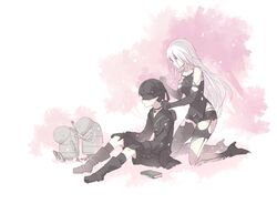  1boy 4s_(nier:automata) a2_(nier:automata) android armlet asymmetrical_legwear bat_(coumori) black_blindfold black_choker black_footwear black_gloves black_hair black_shorts black_tank_top blindfold blue_eyes blush book boots choker collarbone commentary_request elbow_gloves female gloves high_heels joints kneeling long_hair machine_(nier) mole mole_under_mouth nier:automata nier_(series) robot_joints short_hair shorts single_thighhigh sitting tank_top thighhighs very_long_hair white_hair 