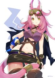  animal_ears bare_shoulders boots breasts cape duel_monster eyewear_on_head female fingerless_gloves gloves highres long_hair midriff miniskirt navel pink_hair skirt solo tail thigh_boots thighhighs thousa_01 tri-brigade_ferrijit_the_barren_blossom yellow_eyes yu-gi-oh! 