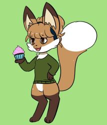  anthro averi_(fiddleafox) brown_body brown_fur canid canine clothing cupcake digital_media_(artwork) dipstick_tail female female_anthro food fox fur gloves_(marking) green_clothing hair mammal markings red_fox simple_background solo standing tail tail_markings text true_fox unknown_artist white_body white_fur 