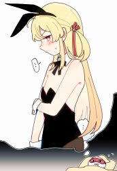  alternate_costume animal_ears black_leotard blonde_hair blush detached_collar dreaming fake_animal_ears female flat_chest hairband hololive leotard orange_eyes otonose_kanade pantyhose playboy_bunny pout rabbit_ears sakana_(saka11205) simple_background solo_focus virtual_youtuber white_background wrist_cuffs 