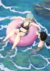  1boy admiral_(kancolle) aqua_eyes aqua_hair beach bikini black_bikini black_hair blush breasts day female hair_ornament hairclip highres innertube kantai_collection kjrstele large_breasts long_hair looking_at_another navel ocean open_mouth outdoors short_hair smile suzuya_(kancolle) swim_ring swimsuit water wet wet_clothes wet_swimsuit 