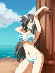  animated animated beach bikini black_hair blinking blue_bikini breasts cleavage cloud commission cowboy_shot english_commentary female floating_hair green_eyes looking_at_viewer looping_animation medium_breasts navel ocean original rikeza shadow sky smile solo striped_bikini striped_clothes swimsuit 