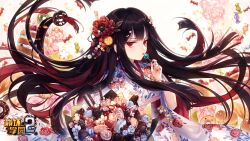  benghuai_xueyuan black_hair blue_flower bread cake candy chocolate copyright_name doughnut female floating_hair floral_print flower food hair_flower hair_ornament highres holding honkai_(series) japanese_clothes kimono licking logo lollipop long_hair looking_at_viewer macaron multicolored_hair mushoku_kika official_art red_eyes red_flower red_hair red_nails red_rose rose second-party_source solo two-tone_hair very_long_hair wafer_stick white_kimono 