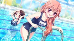  2girls alternate_hairstyle armpits bandou_mikuru blonde_hair blue_one-piece_swimsuit blue_sky blush breasts brown_hair cleavage cloud collarbone day dot_nose dutch_angle film_grain game_cg haeno_akari hair_down hands_on_own_head indoors izumi_tsubasu lane_line large_breasts leaning_forward lens_flare long_hair looking_at_viewer multicolored_hair multiple_girls name_tag non-web_source official_art one-piece_swimsuit open_mouth orange_hair partially_submerged pool pool_ladder purple_eyes re:stage! red_eyes school_swimsuit short_hair sky small_breasts smile sparkle splashing streaked_hair swimsuit two-tone_hair wet window 