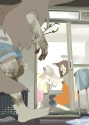  3girls air_conditioner animal_ear_fluff animal_ears annoyed apron bare_arms bare_legs barefoot basket bathroom bathtub blue_pants blue_shorts branch brown_hair cable closed_eyes commentary_request denim denim_shorts dirty dirty_clothes dog_ears dog_girl fingernails full_body furrowed_brow furry furry_female grey_shirt hair_over_shoulder hand_on_another&#039;s_arm highres holding holding_branch indoors jeans long_hair looking_at_another mother_and_daughter mud multiple_girls oerba_yun_fang open_door open_mouth orange_apron original pants pawpads scenery sharp_fingernails sharp_toenails shirt short_shorts short_sleeves shorts siblings sisters sliding_doors squatting t-shirt taracod toenails topless towel towel_around_waist washing_hair water wavy_hair white_shirt 