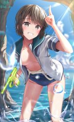  black_hair blue_sailor_collar breasts brown_eyes collarbone female grin highres holding holding_water_gun iwabuchi501 kantai_collection large_breasts looking_at_viewer miyuki_(kancolle) open_clothes open_shirt outdoors sailor_collar sailor_shirt school_swimsuit shirt short_hair signature smile solo swimsuit teeth twitter_username water_gun white_shirt 