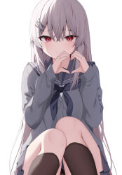  black_socks blue_neckerchief blush embarrassed female grey_hair grey_serafuku grey_shirt hair_between_eyes hair_ornament hairpin heart heart_hands kamu_(geeenius) knees_up long_hair long_sleeves looking_at_viewer multiple_hairpins neckerchief original red_eyes sailor_collar school_uniform serafuku shirt sidelocks simple_background sitting skirt socks solo white_background x_hair_ornament yami-chan_(kamu_(geeenius)) 