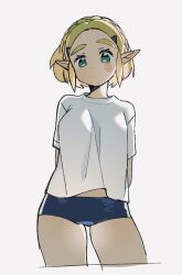  alternate_costume arms_behind_back blonde_hair blue_shorts blush closed_mouth cowboy_shot cropped_jacket cropped_legs female green_eyes grey_background hair_ornament hairclip highres koi_(nisikicoi) looking_at_viewer pointy_ears princess_zelda shirt short_hair short_shorts short_sleeves shorts sidelocks simple_background solo the_legend_of_zelda the_legend_of_zelda:_breath_of_the_wild white_shirt 