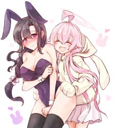  2girls ahoge animal_ears animal_hands black_hair black_thighhighs blue_archive blush breasts closed_eyes covered_navel drawstring fake_animal_ears female_sensei_(blue_archive) gloves hair_between_eyes halo hood hood_down hoodie hoshino_(blue_archive) large_breasts leotard long_hair long_sleeves multiple_girls oerba_yun_fang open_mouth paw_gloves pink_hair pink_halo pink_skirt playboy_bunny purple_eyes purple_leotard rabbit_ears rarasa_(rarasa) sensei_(blue_archive) skin_fang skirt thighhighs white_background white_wrist_cuffs wrist_cuffs yellow_hoodie 