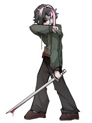  1boy absurdres black_eyes black_hair black_pants blood blood_on_clothes blood_on_face blood_on_weapon brown_footwear chinese_commentary commentary_request drawstring eiwo eyepatch film_grain full_body green_jacket high_collar highres holding holding_sword holding_weapon hood hood_down hooded_jacket jacket long_sleeves male_focus medical_eyepatch multicolored_hair mutsushika_misumi pants parted_bangs pink_hair saibou_shinkyoku short_hair simple_background solo sword two-tone_hair weapon white_background 