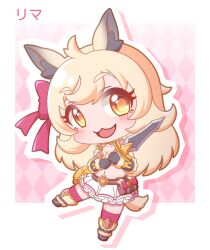  :d absurdres animal_ear_fluff animal_ears argyle_background black_footwear black_gloves blonde_hair blush boots bow breasts brown_eyes chibi cleavage commentary_request dagger female full_body fur-trimmed_boots fur-trimmed_gloves fur_trim gloves hairbow highres holding holding_dagger holding_knife holding_weapon knife lima_(princess_connect!) llama_girl long_hair looking_at_viewer medium_breasts outline pink_bow pink_thighhighs pleated_skirt princess_connect! saishosaisekojo skirt smile solo tail thick_eyebrows thighhighs thighhighs_under_boots very_long_hair weapon white_outline white_skirt 