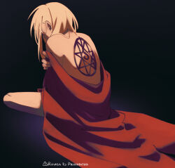  1boy alphonse_elric amanitacurses androgynous arms_at_sides back back_focus back_slit back_tattoo backlighting black_background blonde_hair cloak commentary completely_nude darkness english_commentary facing_away fingernails from_behind full_body fullmetal_alchemist hair_behind_ear hair_over_eyes hair_over_shoulder hand_on_own_arm highres hood hood_down hooded_cloak indian_style leaning_forward long_hair magic_circle male_focus median_furrow messy_hair naked_cloak nape nude on_floor red_cloak self_hug shoulder_blades simple_background sitting skinny straight_hair tattoo unworn_cloak 