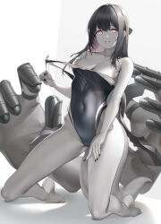  absurdres abyssal_ship barefoot black_hair black_nails breasts cleavage clothes_pull colored_skin competition_swimsuit covered_navel extra_arms female grey_skin hair_between_eyes highres kantai_collection kneeling long_hair looking_at_viewer medium_breasts mokuren_(mozukukirai88) multicolored_hair nail_polish one-piece_swimsuit one-piece_swimsuit_pull outer_southern_sea_destroyer_princess pink_eyes pink_hair simple_background smile solo swimsuit tail 