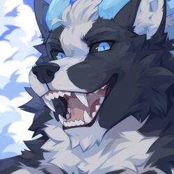  1:1 anthro blue_eyes blue_horn bust_portrait canid cheek_tuft corzh77 facial_tuft fangs fur glistening glistening_eyes grey_body grey_fur grey_sclera hair hi_res horn looking_at_viewer male mammal maxim_(shotax) neck_tuft open_mouth open_smile pink_tongue portrait short_hair smile solo teeth tongue tuft white_body white_fur white_hair 