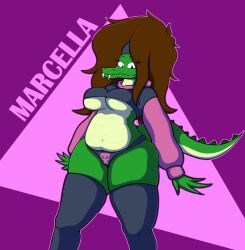  absurd_res anthro belly breasts clothing crocodile crocodilian crocodylid female hi_res long_socks looking_at_viewer marcella_(marcodile-arts) marcodile paggi_outfit panties reptile scalie solo thick_thighs under_boob underwear wide_hips 