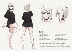  1boy albino artist_self-insert barefoot black_choker black_shirt character_name character_profile choker clothes_writing commentary english_commentary english_text eyeshadow fishnet_pantyhose fishnets flou_(flou_art) glasses grey_eyeshadow highres makeup male_focus multiple_views original otoko_no_ko pale_skin pantyhose red_eyes shirt short_hair short_sleeves solo standing standing_on_one_leg t-shirt underbutt variant_set white_hair 