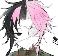  1boy black_eyes black_hair blood blood_on_clothes blood_on_face chinese_commentary closed_mouth commentary_request eiwo empty_eyes eyepatch green_jacket high_collar jacket looking_at_viewer male_focus medical_eyepatch mutsushika_misumi parted_bangs pink_hair portrait saibou_shinkyoku short_hair simple_background solo white_background 