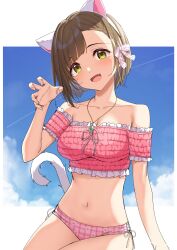  absurdres animal_ear_hairband animal_ears asymmetrical_bangs bikini blunt_ends blush breasts brown_hair cat_ear_hairband cat_ears cat_tail claw_pose cleavage collarbone cross-laced_bikini cross-laced_clothes fake_animal_ears fake_tail female frilled_bikini frills go-1 hairband head_tilt highres idolmaster idolmaster_cinderella_girls looking_at_viewer maekawa_miku medium_breasts navel oerba_yun_fang pink_bikini short_hair side-tie_bikini_bottom skin_fang smile solo stomach swimsuit tail 