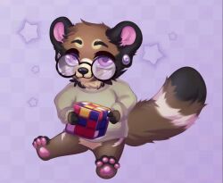  4_toes animated anthro big_eyes chibi clothed clothing digital_drawing_(artwork) digital_media_(artwork) ear_piercing eyewear feet flesh_tunnel full-length_portrait fur fur_markings gauged_ear glasses glasses_on_face gulonine hindpaw long_tail looking_at_viewer male mammal markings marten mustelid musteline pawpads paws piercing pine_marten portrait rubik&#039;s_cube shaded short_playtime simple_background smile solo striped_markings striped_tail stripes sweater tail tail_markings toes topwear wushruw 