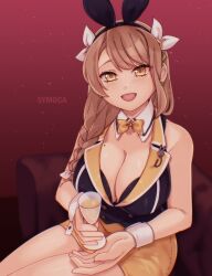  alcohol braid braided_ponytail breasts brown_hair cleavage cup detached_collar drinking_glass earrings female fire_emblem fire_emblem_engage gloves goldmary_(fire_emblem) hair_ribbon highres jewelry large_breasts long_hair looking_at_viewer mole mole_on_breast open_mouth ribbon smile solo symoca white_ribbon wine_glass yellow_eyes 