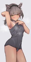  absurdres arm_up armpits black_headband black_one-piece_swimsuit blunt_bangs blush breasts brown_hair cowboy_shot female green_eyes grey_background hachimaki hair_flaps hatsuzuki_(kancolle) headband highres kantai_collection looking_at_viewer one-piece_swimsuit one-piece_tan parted_lips presenting_armpit shiawase_hougan simple_background small_breasts solo sweat swimsuit tan tanlines 