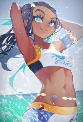  armlet arms_behind_head arms_up belly_chain black_hair blue_eyes blue_eyeshadow blue_hair breasts crop_top dark-skinned_female dark_skin earrings eyeshadow female highres hoop_earrings jewelry long_hair looking_at_viewer makeup midriff multicolored_hair navel nessa_(pokemon) pokemon pokemon_swsh rindoriko smile solo splashing two-tone_hair upper_body water water_drop 