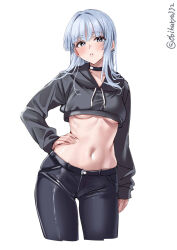  black_choker black_eyes black_hoodie black_pants blue_hair blush breasts choker commentary contrapposto crop_top cropped_hoodie cropped_legs earrings ebifurya female hair_intakes hand_on_own_hip hashtag-only_commentary hatsukaze_(kancolle) highres hood hood_down hoodie jewelry kantai_collection long_sleeves looking_at_viewer medium_breasts midriff navel one-hour_drawing_challenge pants simple_background solo stomach twitter_username underboob white_background 