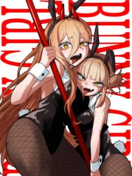  2girls alternate_costume animal_ears black_hairband black_leotard blonde_hair blunt_bangs boku_no_hero_academia breasts bunny_day chainsaw_man commentary cowboy_shot double_bun fake_animal_ears fake_tail fangs fishnet_pantyhose fishnets ginjaeru hair_between_eyes hair_bun hairband highres large_breasts leotard long_hair looking_at_viewer multiple_girls pantyhose playboy_bunny power_(chainsaw_man) rabbit_ears rabbit_tail sharp_teeth short_hair sidelocks tail teeth thighs toga_himiko tongue tongue_out yellow_eyes 