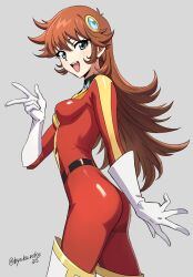  belt blue_eyes bodysuit breasts brown_hair byakuroku35 female gloves grendizer_u highres long_hair looking_at_viewer maria_grace_fleed mazinger_(series) medium_breasts multicolored_bodysuit multicolored_clothes open_mouth red_bodysuit skin_tight smile solo standing ufo_robo_grendizer yellow_bodysuit 