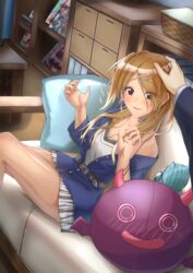  1boy absurdres animal_print bare_legs belt black_eyes blonde_hair blush breasts brown_hair choker cleavage couch earrings female gradient_hair gyaru hair_ornament hairclip headpat highres idolmaster idolmaster_shiny_colors izumi_mei jacket jewelry kagin_(kagou_shita_nanika) large_breasts long_hair miniskirt multicolored_hair off_shoulder office pillow producer_(idolmaster) sitting skirt stuffed_toy tan zebra_print 