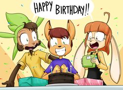  2019 anthro birthday birthday_cake brown_body brown_fur brown_hair buckteeth cake canid canine chespin confetti dessert dialogue digital_media_(artwork) english_text eyelashes female fingers food fox fur generation_6_pokemon gift go1den_(wanda_fan_one_piece) green_eyes group hair lagomorph leina_(sandwich-anomaly) leporid male mammal multicolored_body multicolored_fur nintendo orange_hair pokemon pokemon_(species) rabbit red_hair sandwich-anomaly simple_background sitting smile standing tan_body tan_fur teeth text tongue victoria_(sandwich-anomaly) yellow_eyes 