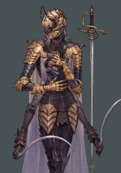  1boy arm_guards armor breastplate cape closed_mouth commentary_request covered_eyes dual_wielding extra_arms fantasy faulds feet_out_of_frame full_armor gauntlets gem gold_armor greaves grey_background grey_hair hands_on_own_chest helmet highres holding holding_sword holding_weapon horns leg_armor long_hair looking_to_the_side male_focus nishiki_areku original pauldrons rapier see-through shin_guards shotel shoulder_armor simple_background solo standing sword vambraces visor_(armor) weapon 