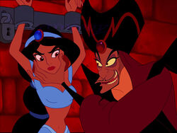  1boy 1girls aladdin bound chained clothed crisibeat cuffed disney disney_princess disney_villains female hands_over_head jafar male menacing princess_jasmine yellow_eyes 