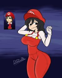  big_breasts cleavage dancing dodo-bot female long_hair male_character_(cosplay) mario_(cosplay) mario_(series) meme mii miitopia nintendo source_request tagme wide_hips 