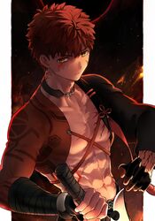  1boy absurdres alter_servant belt collar dark_persona emiya_shirou expressionless fate/grand_order fate_(series) great_grail highres holding holding_weapon igote looking_at_viewer male_focus okonon_(kado_colda) red_hair scar scar_across_eye scar_on_arm scar_on_chest scar_on_face senji_muramasa_(fate) solo toned toned_male topless_male upper_body weapon wide_sleeves yellow_eyes 